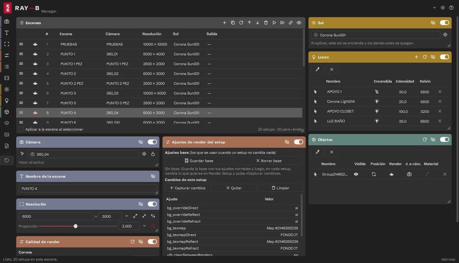 Ventana de Ray-B Scene Manager con la lista de escenas, cámara, resolución, luces y objetos